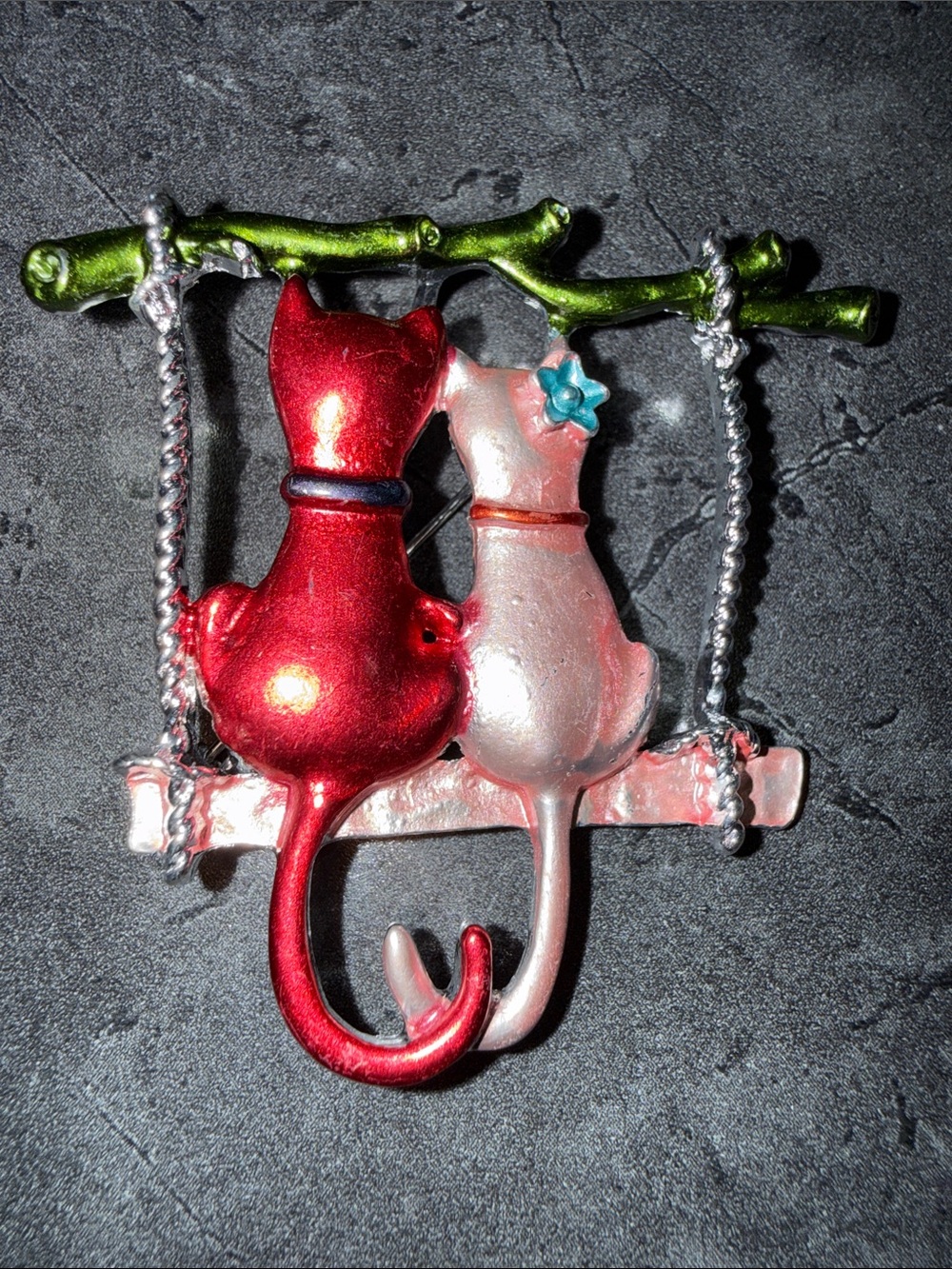 Decorative Cat Brooch Pin - Red and Cream Cats on Swing
